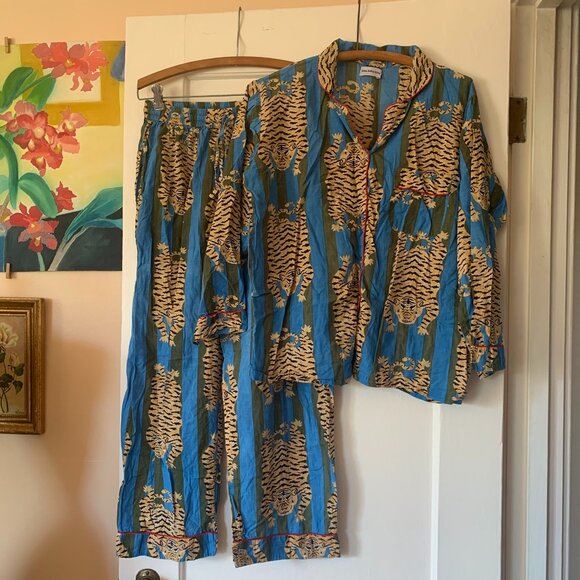 Tiger Print Cotton PJ Set, Woman Comfortable Ultra-Soft Night Wear Colorful Blue - Picture 1 of 6